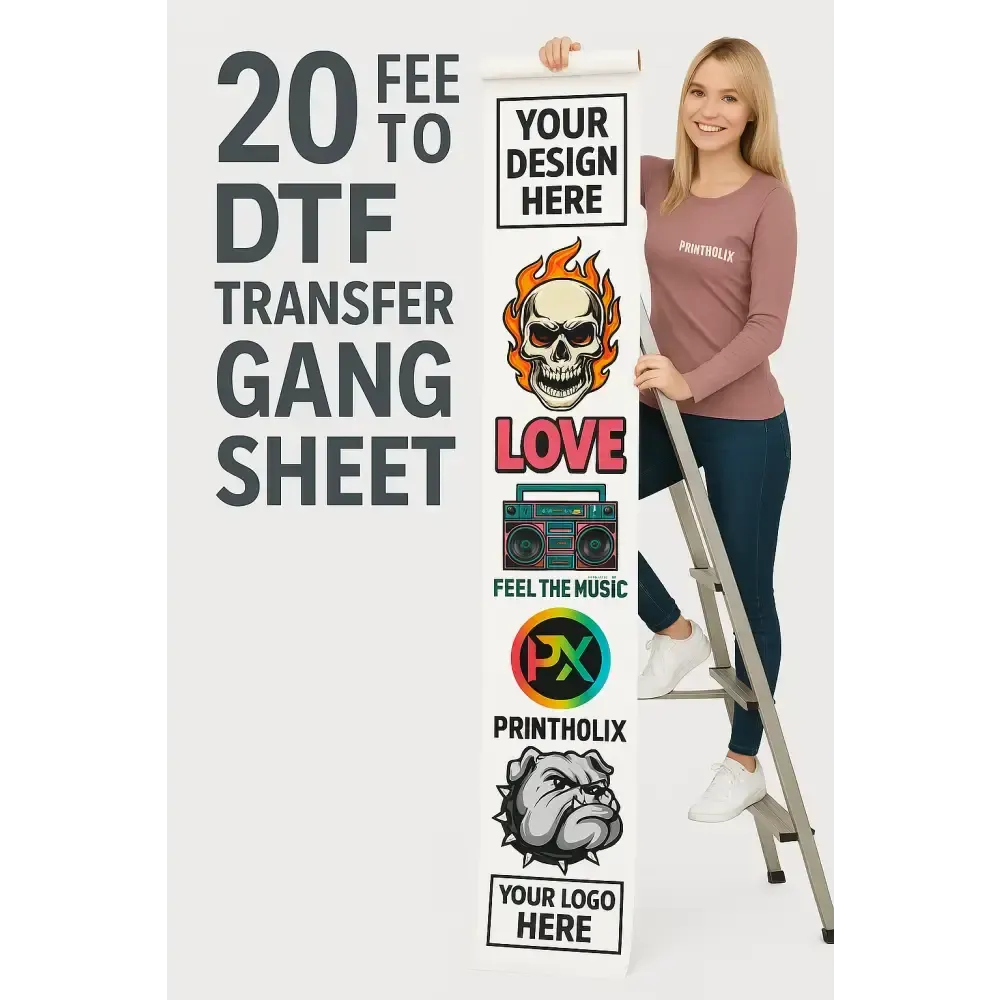 Person holding Manual DTF Gang Sheet Builder with various custom designs for Direct-to-Film printing.