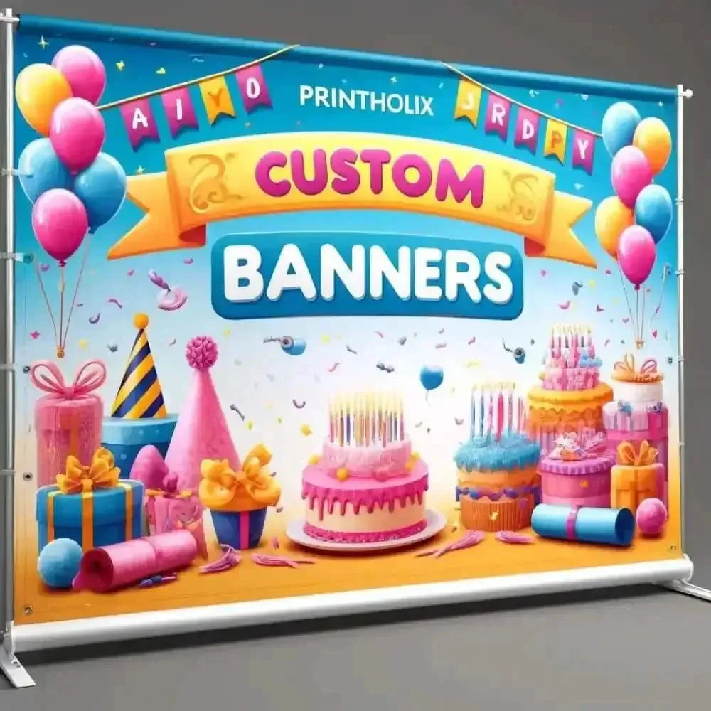 Colorful custom banner with balloons and cakes for birthdays by Printholix, ideal for vibrant indoor and outdoor events.