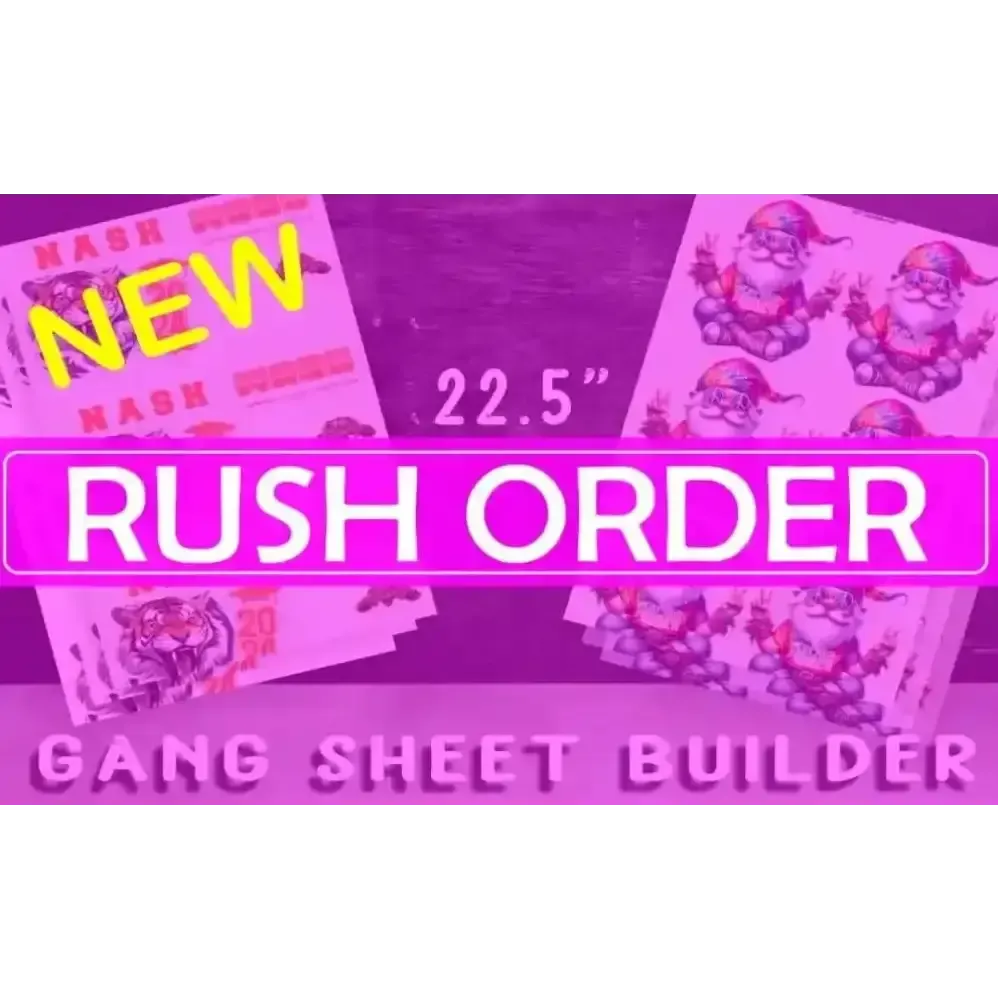 Same-Day Rush Order DTF Transfers, 22.5" Gang Sheet Builder, featuring vibrant designs and quick printing turnaround.