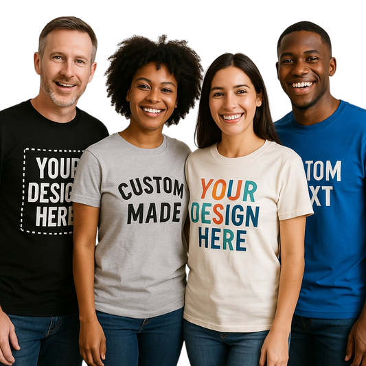 Four people wearing customizable t-shirts with text 'YOUR DESIGN HERE' on a white background