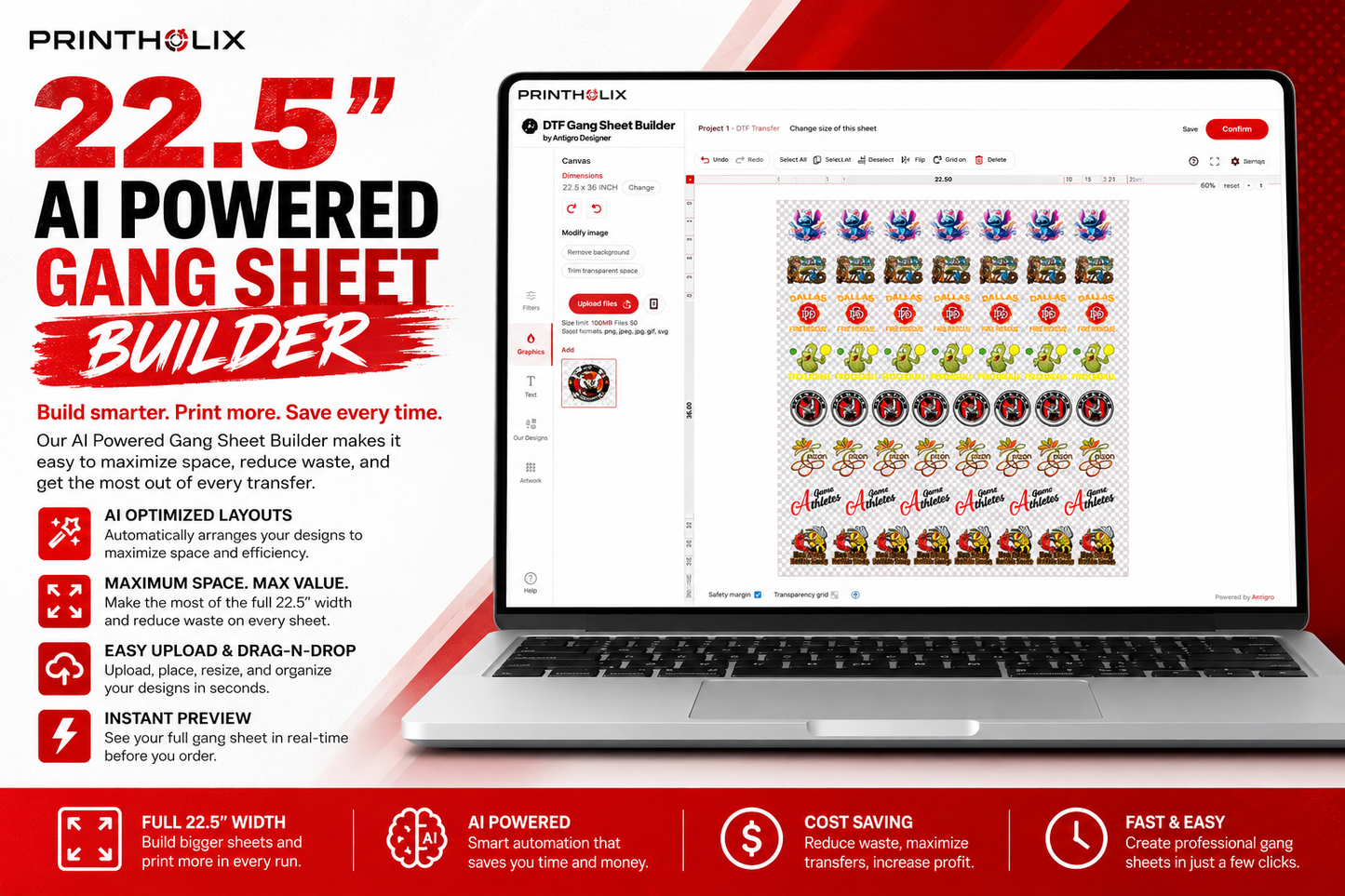 22.5"  Ai Powered DTF Gang Sheet Builder
