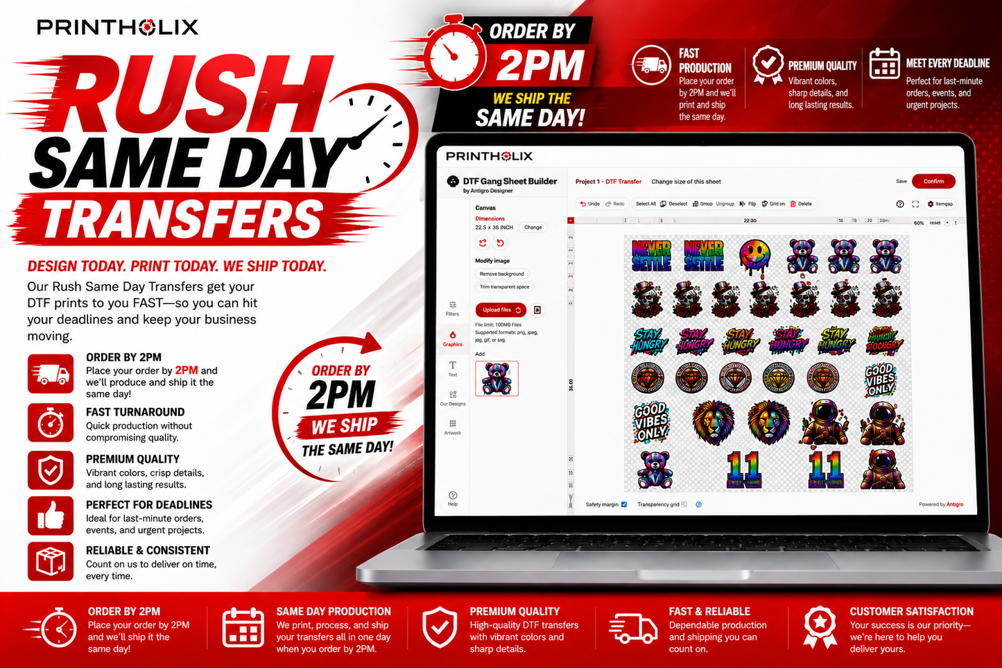 Same-Day Rush DTF Transfers MON-FRI 3pm cutoff 22.5" Gang Sheet Builder