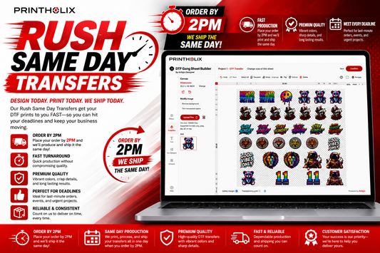 Same-Day Rush DTF Transfers MON-FRI 3pm cutoff 22.5" Gang Sheet Builder