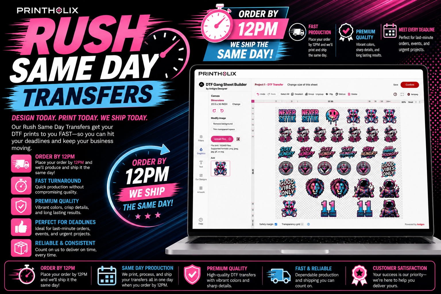 Same-Day Rush DTF Transfers MON-FRI 3pm cutoff 22.5" Gang Sheet Builder