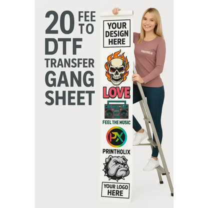 Woman showcasing customizable 22.5" DTF gang sheet with various design options, ideal for businesses and DIY enthusiasts.