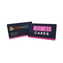Double-sided business cards 16pt with gloss UV coating by Printholix, featuring vibrant colors and express shipping details.