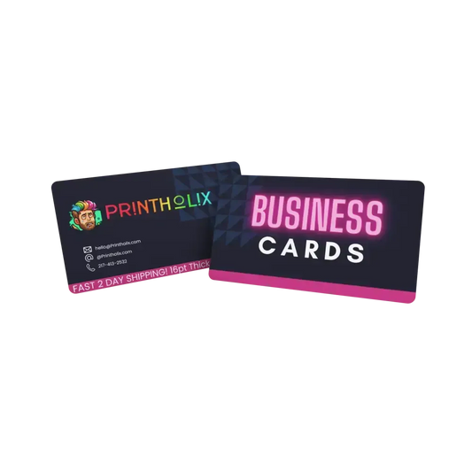 Double-sided business cards 16pt with gloss UV coating by Printholix, featuring vibrant colors and express shipping details.