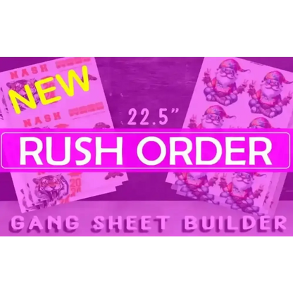 Same-Day Rush Order DTF Transfers, 22.5" Gang Sheet Builder, featuring vibrant designs and quick printing turnaround.