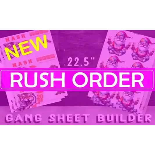 Same-Day Rush Order DTF Transfers, 22.5" Gang Sheet Builder, featuring vibrant designs and quick printing turnaround.