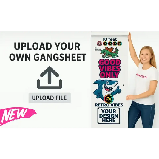 Woman showcasing custom DTF printing gang sheet, featuring diverse designs and an 'Upload Your Own Gang Sheet' sign.